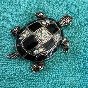 Intricate Black and Silver Turtle Brooch with Geometric Shell